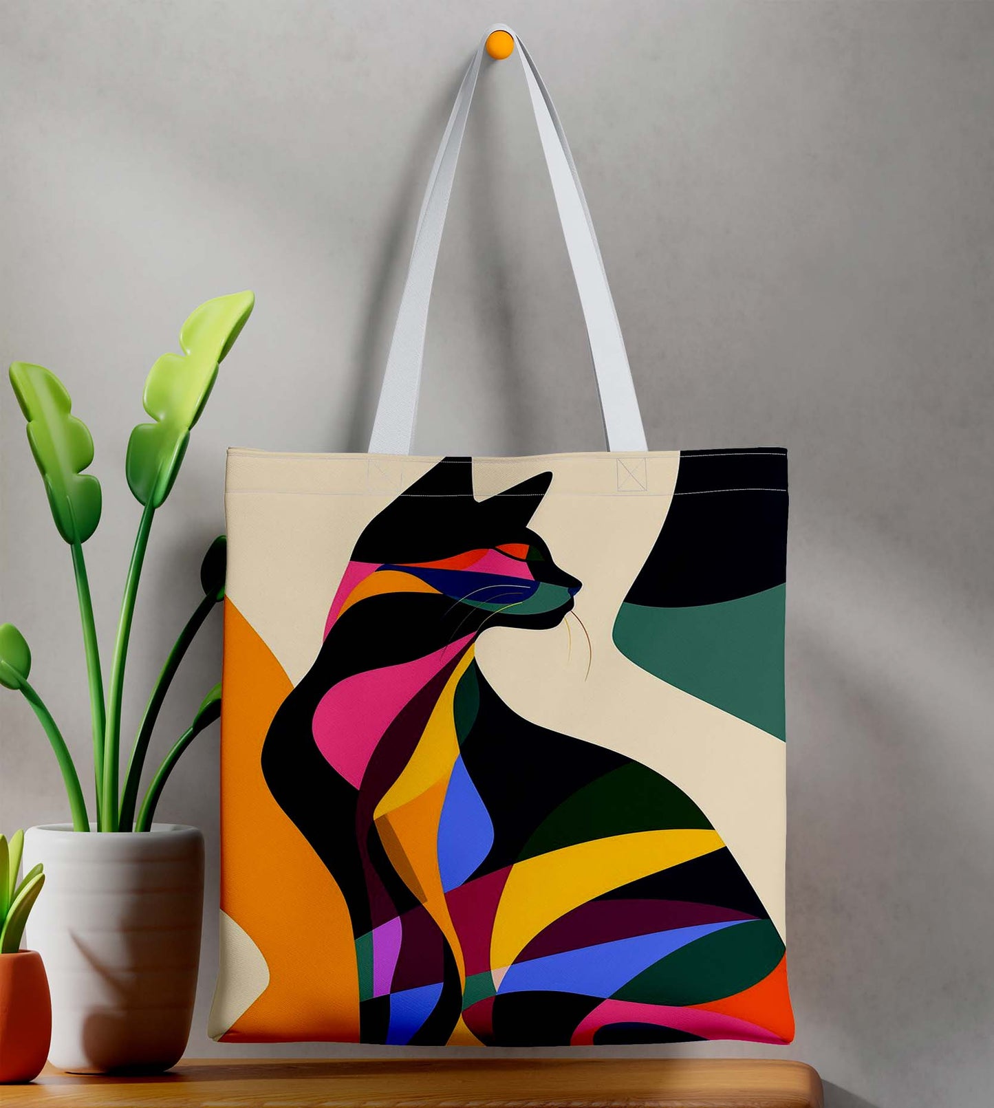 Painted Cat White Printed Tote Bag (14 X 16 Inches) For Shopping, College, Travel