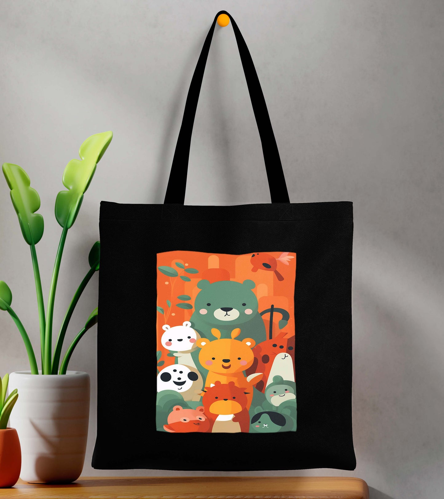 Cute Bear Design Printed Black Patch With Pocket Tote Bag (14 X 16 Inches) For Shopping, College, Travel