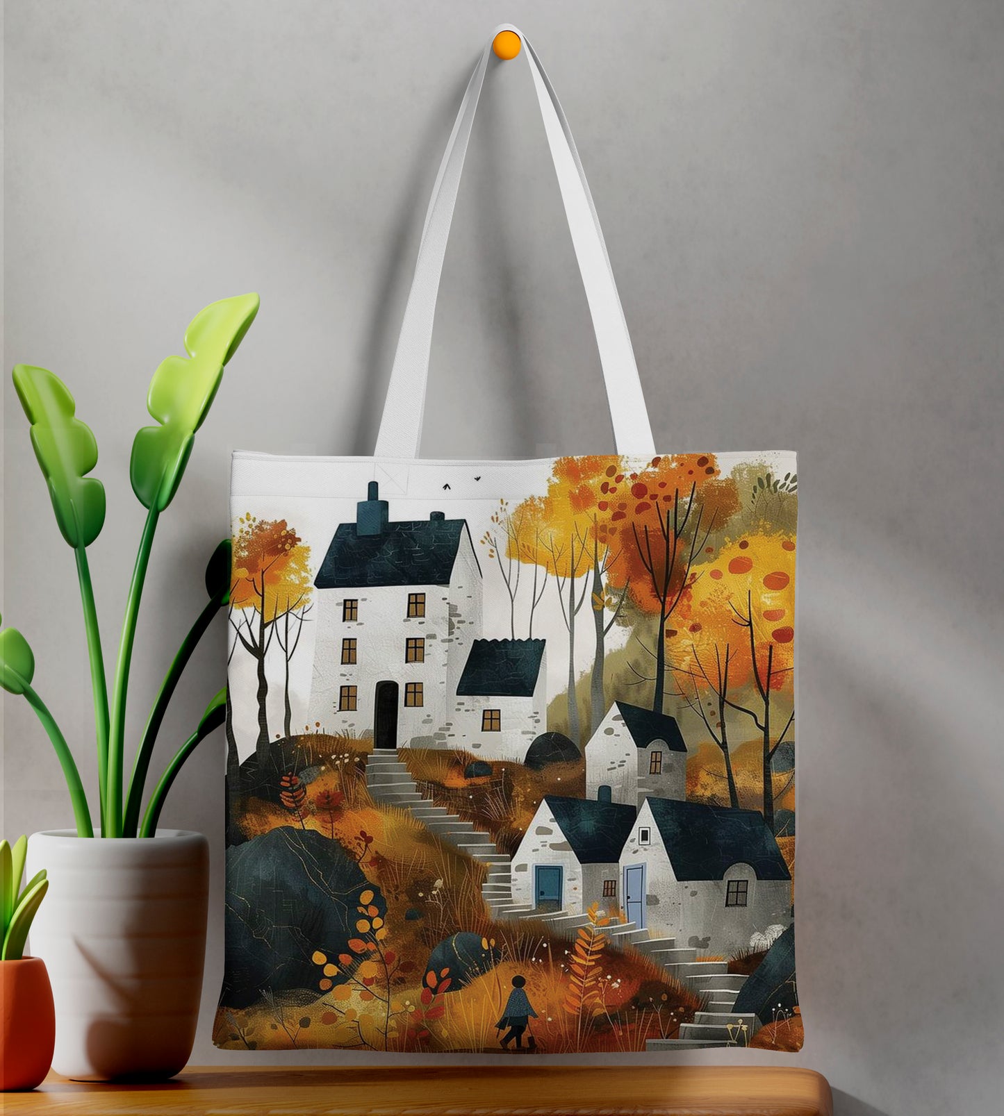 Colorful Autumn Landscape design pattern Printed Design White Tote Bag (14 X 16 Inches) For Shopping, College, Travel