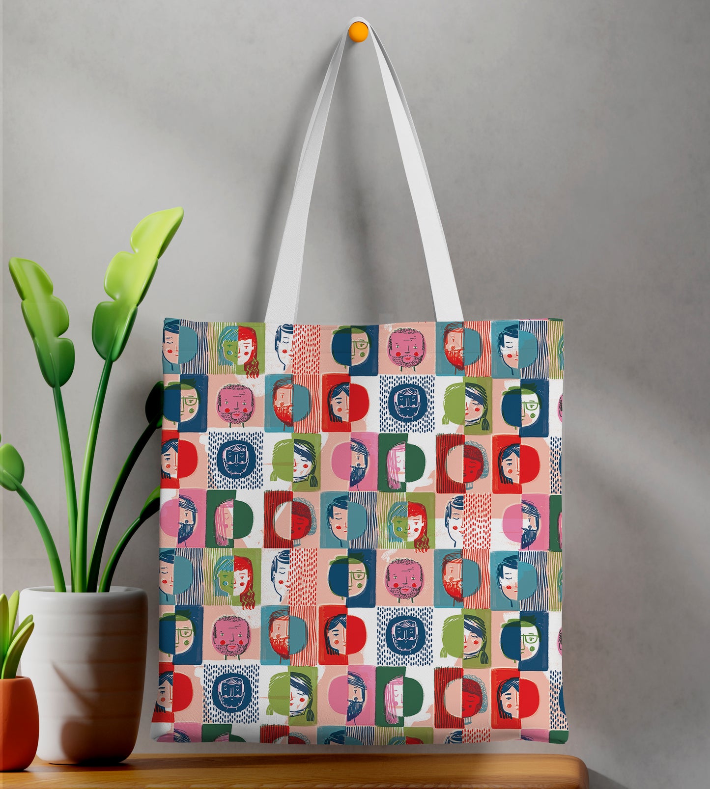 Watercolor human face seamless pattern Printed Design White Tote Bag (14 X 16 Inches) For Shopping, College, Travel