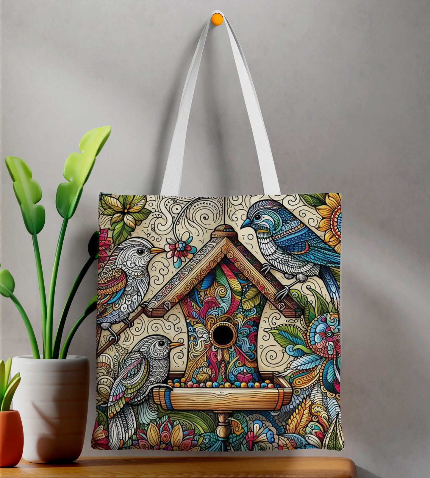 Birds and Feather madhubani art Printed Design White Tote Bag (14 X 16 Inches) For Shopping, College, Travel