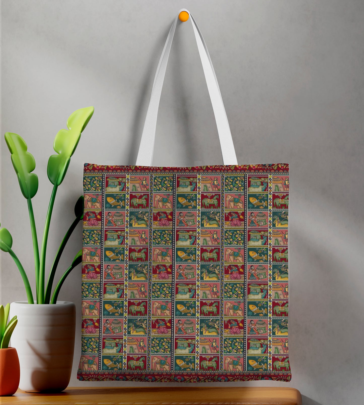 People and Animals Kalamkari pattern Printed Design White Tote Bag (14 X 16 Inches) For Shopping, College, Travel