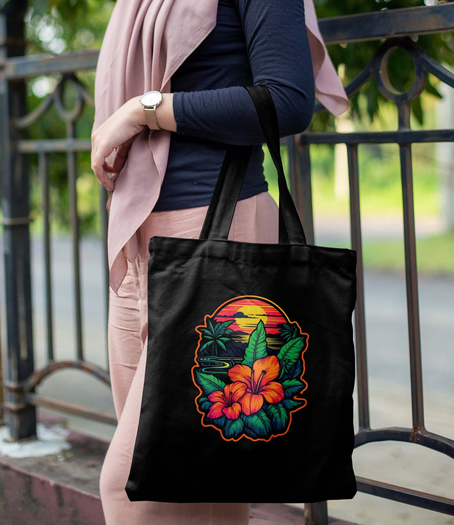 Beautiful Sunset Printed Black Tote Bag (14 X 16 Inches) For Shopping, College, Travel