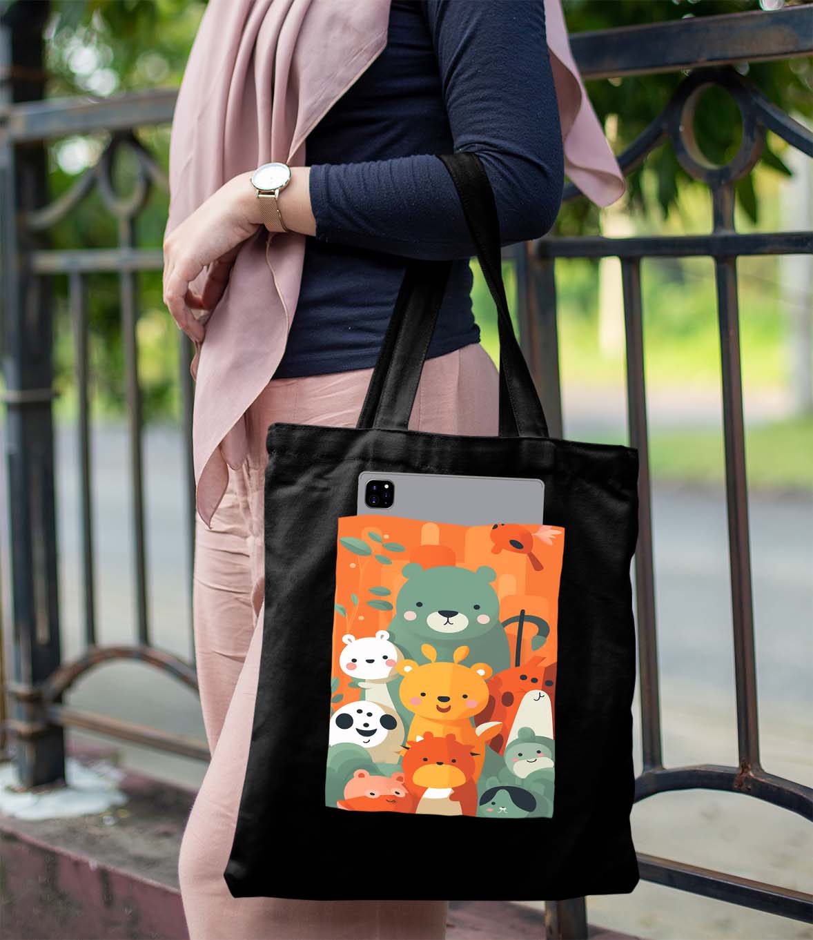 Cute Bear Design Printed Black Patch With Pocket Tote Bag (14 X 16 Inches) For Shopping, College, Travel