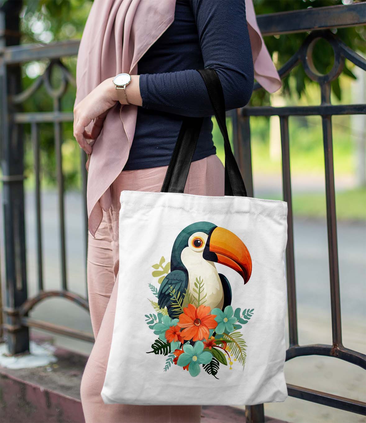 Parrot Printed Black Handle Tote Bag (14 X 16 Inches) For Shopping, College, Travel
