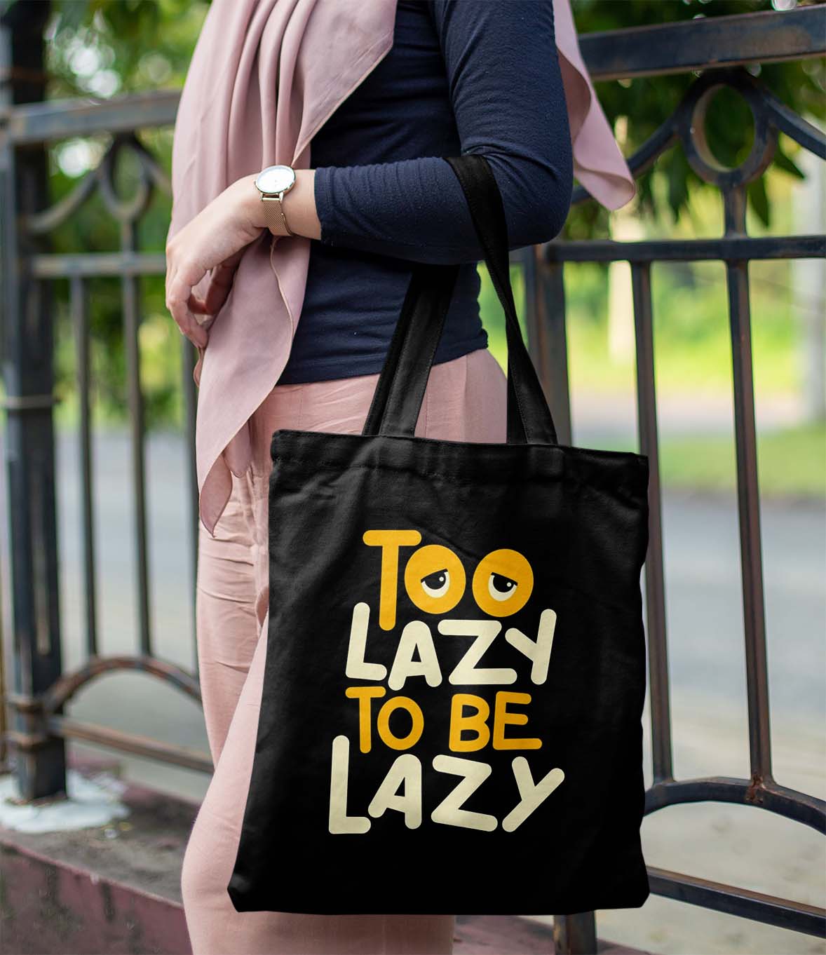 Too Lazy Printed Black Tote Bag (14 X 16 Inches) For Shopping, College, Travel