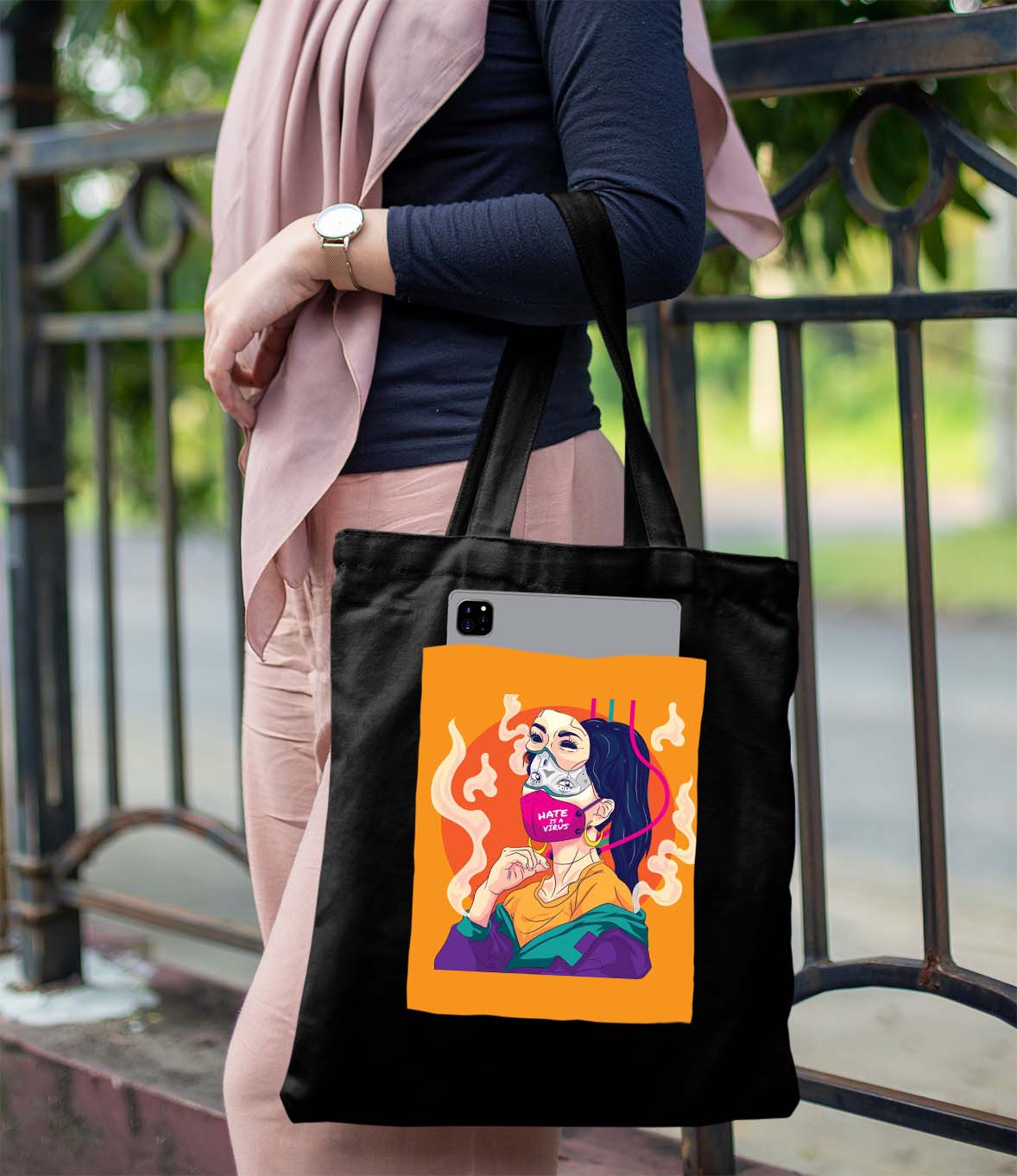 Facemask Girl Design Printed Black Patch With Pocket Tote Bag (14 X 16 Inches) For Shopping, College, Travel