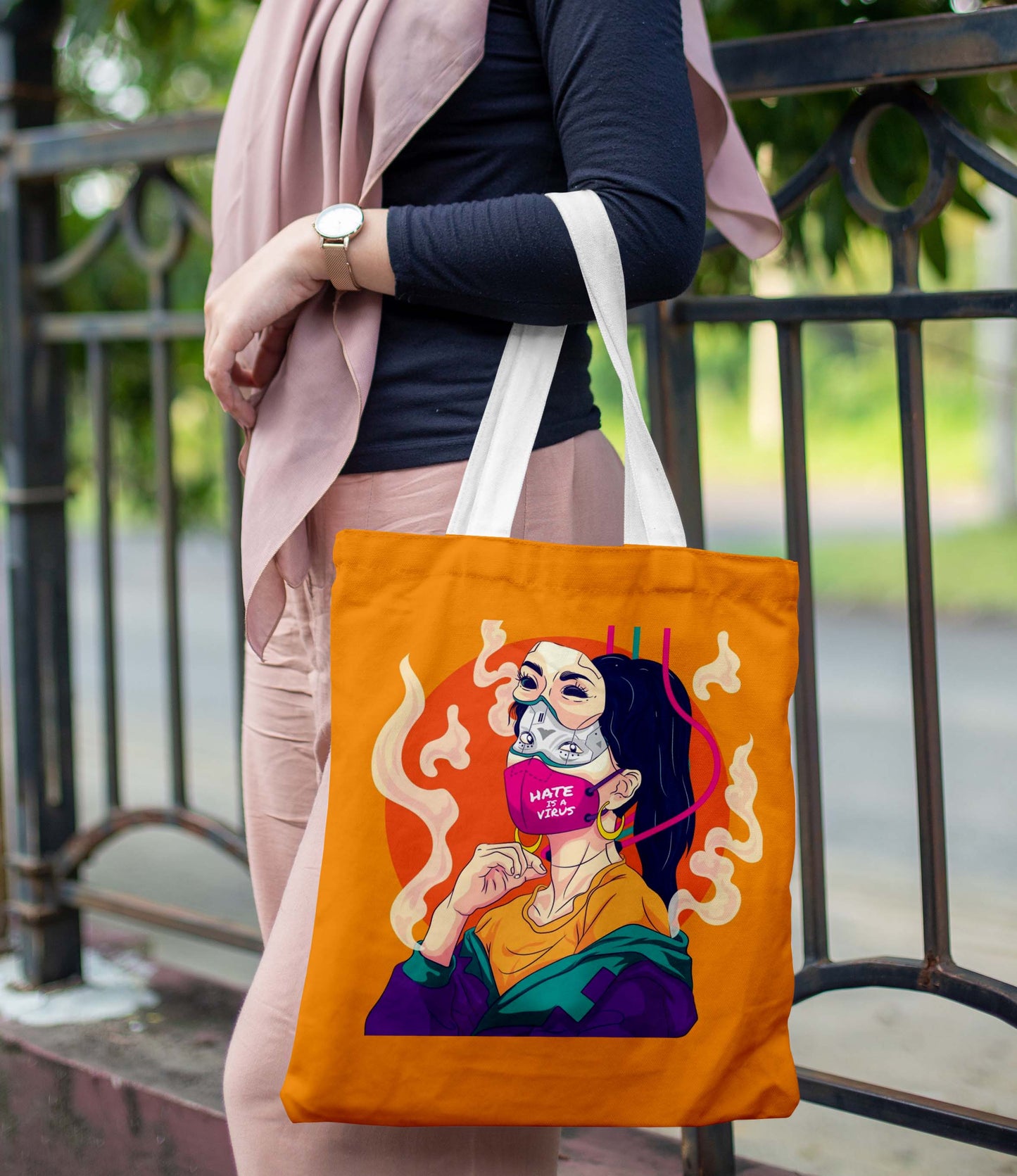 Facemask girl Printed Design Tote Bag with Pouch Bag (14 X 16 Inches) For Shopping, College, Travel