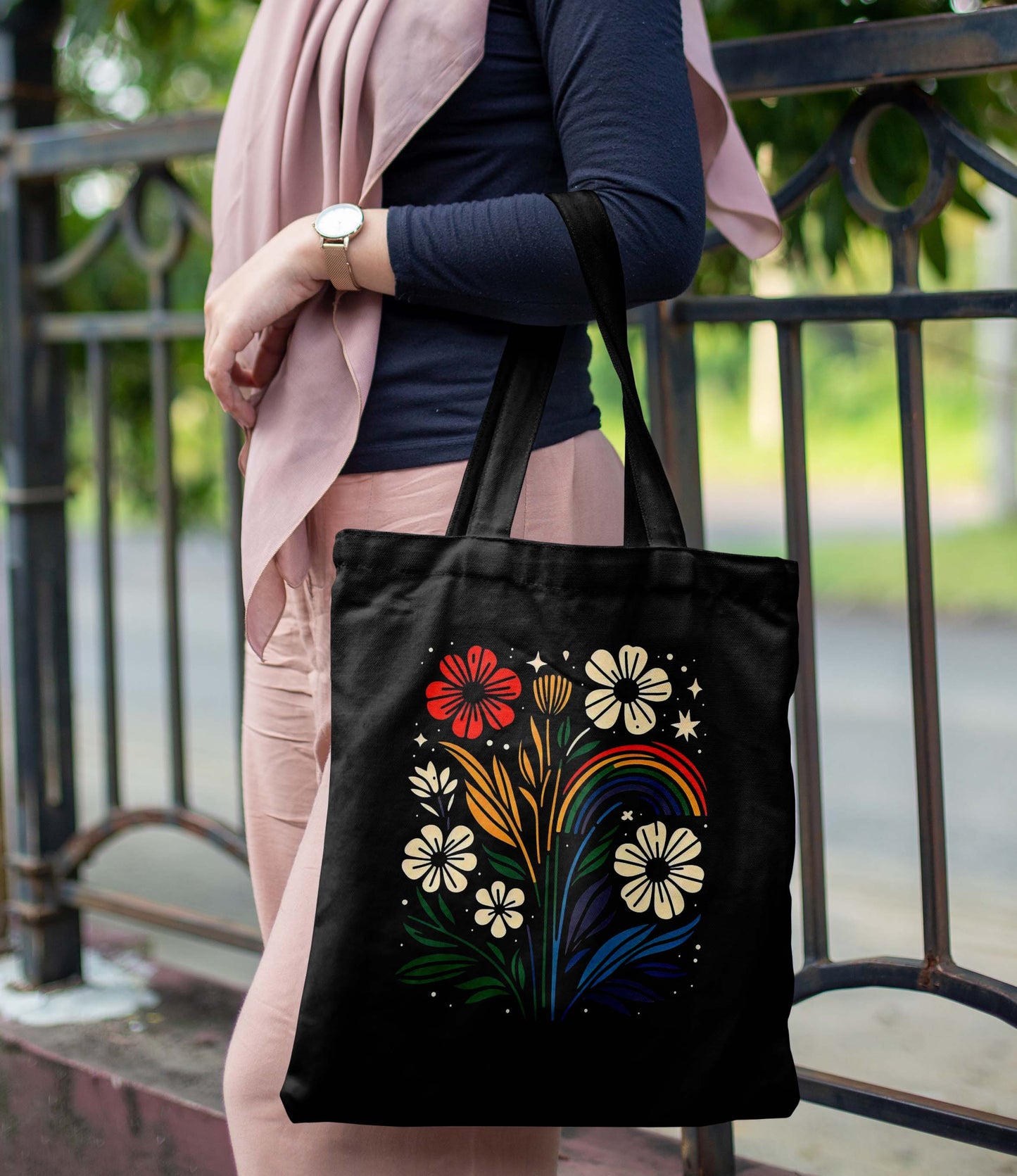 Colourful Flower Printed Black Tote Bag (14 X 16 Inches) For Shopping, College, Travel