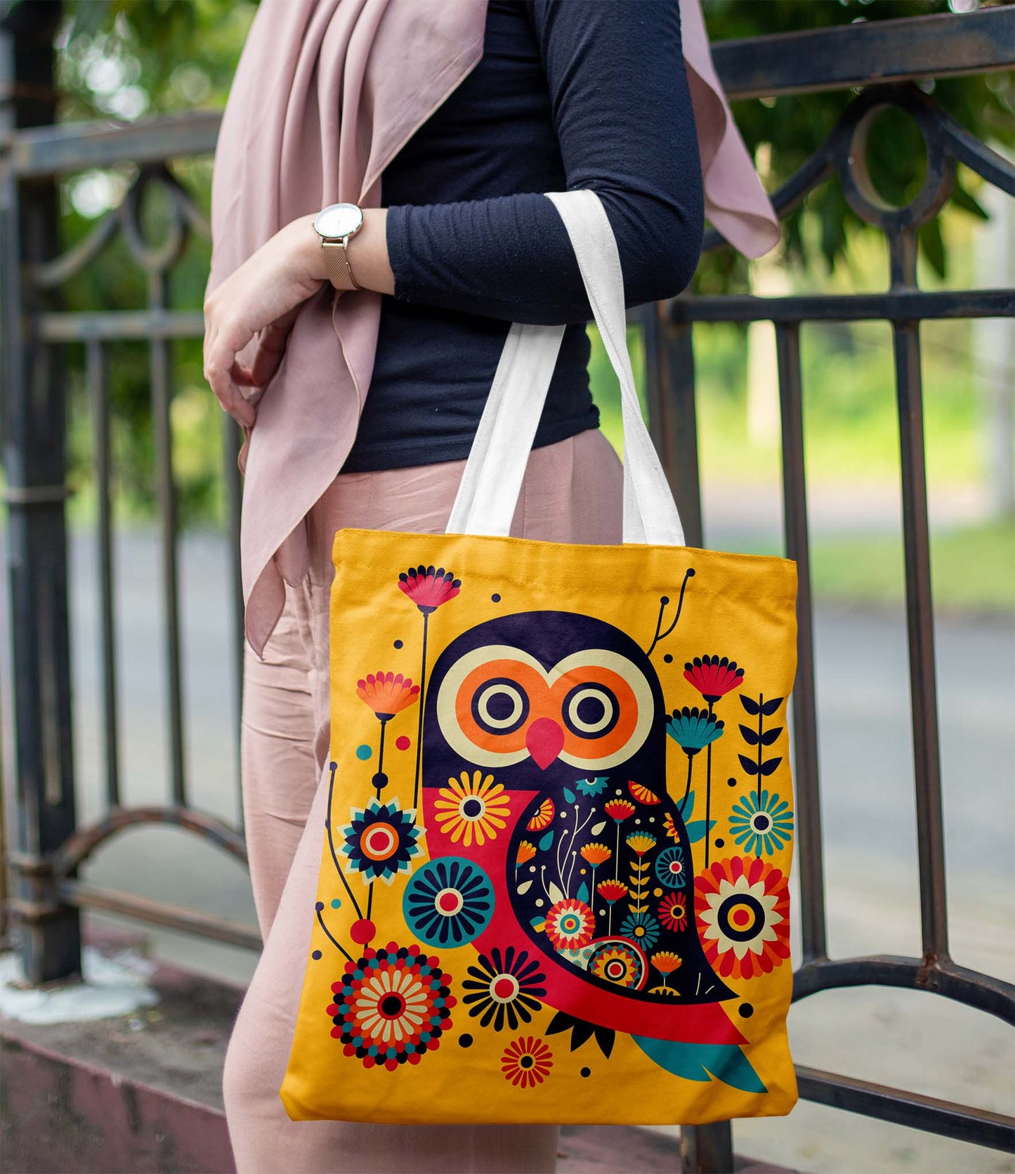 Owl White Printed Tote Bag (14 X 16 Inches) For Shopping, College, Travel
