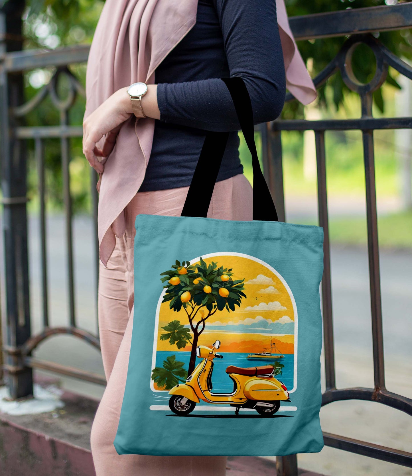Scooter Design Printed Black Handle Tote Bag (14 X 16 Inches) For Shopping, College, Travel