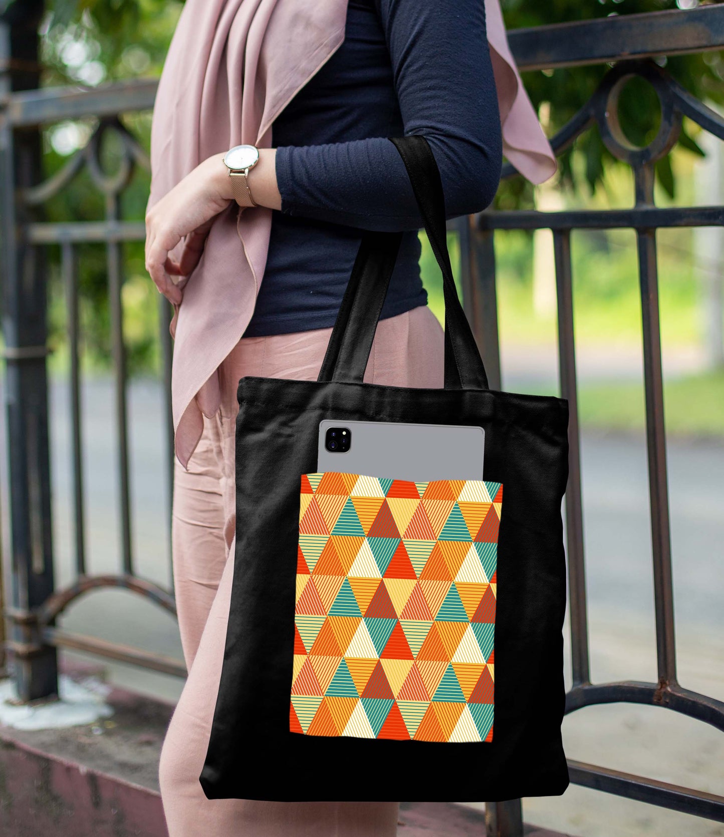 Abstract Triangle Design Printed Black With Pocket Tote Bag (14 X 16 Inches) For Shopping, College, Travel