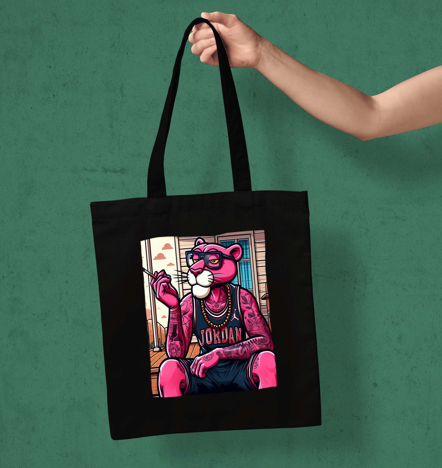 Pink panther Design Printed Black With Pocket Tote Bag (14 X 16 Inches) For Shopping, College, Travel