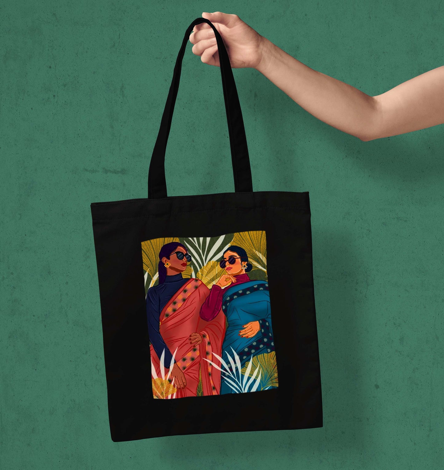 Women wearing glasses Design Printed Black With Pocket Tote Bag (14 X 16 Inches) For Shopping, College, Travel