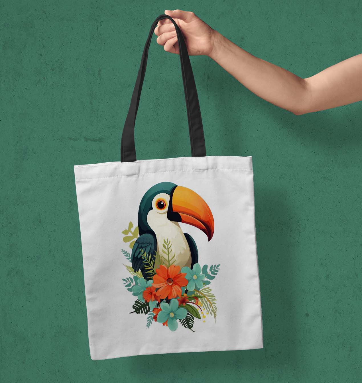 Parrot Printed Black Handle Tote Bag (14 X 16 Inches) For Shopping, College, Travel