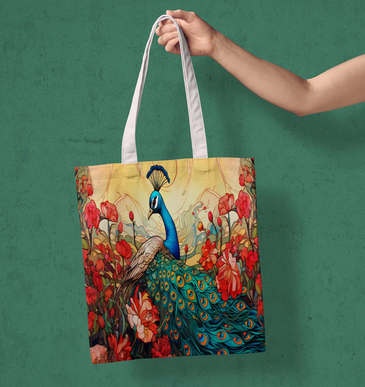 Peacock White Printed Tote Bag (14 X 16 Inches) For Shopping, College, Travel