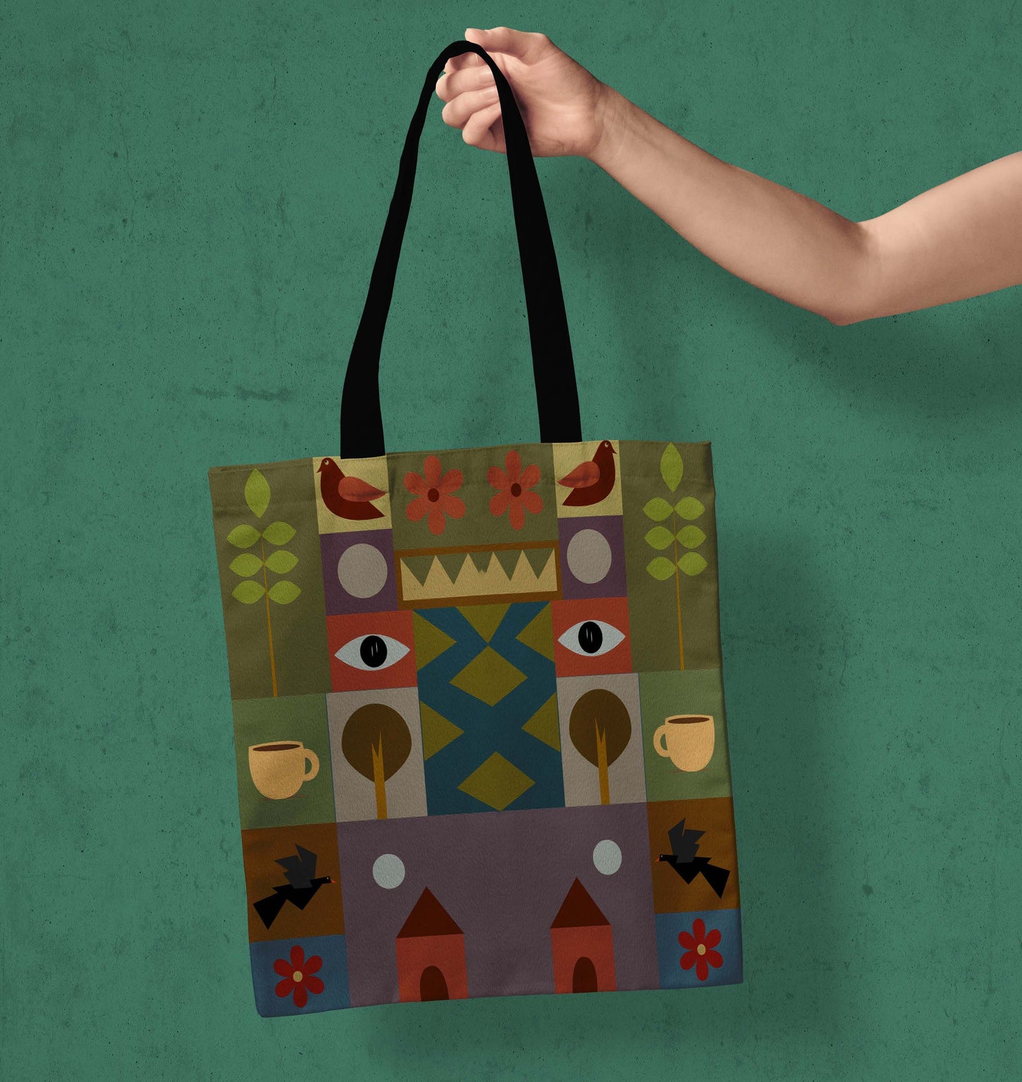Abstract Design Printed Black Handle Tote Bag (14 X 16 Inches) For Shopping, College, Travel