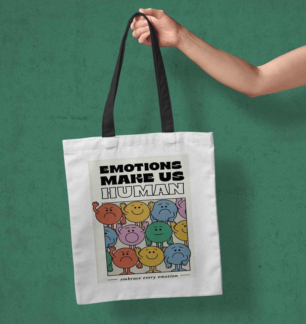 Emotion makes us Human Printed Black Handle Tote Bag (14 X 16 Inches) For Shopping, College, Travel