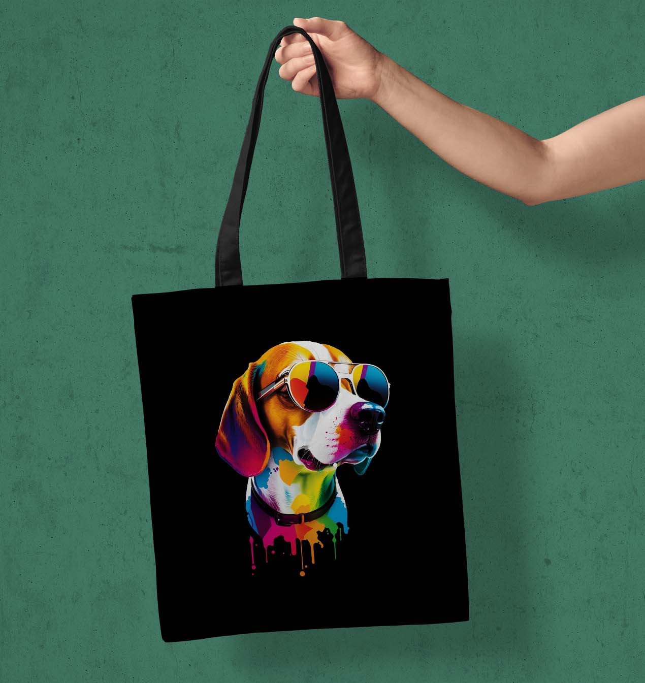 Paint Dog Printed Black Tote Bag (14 X 16 Inches) For Shopping, College, Travel