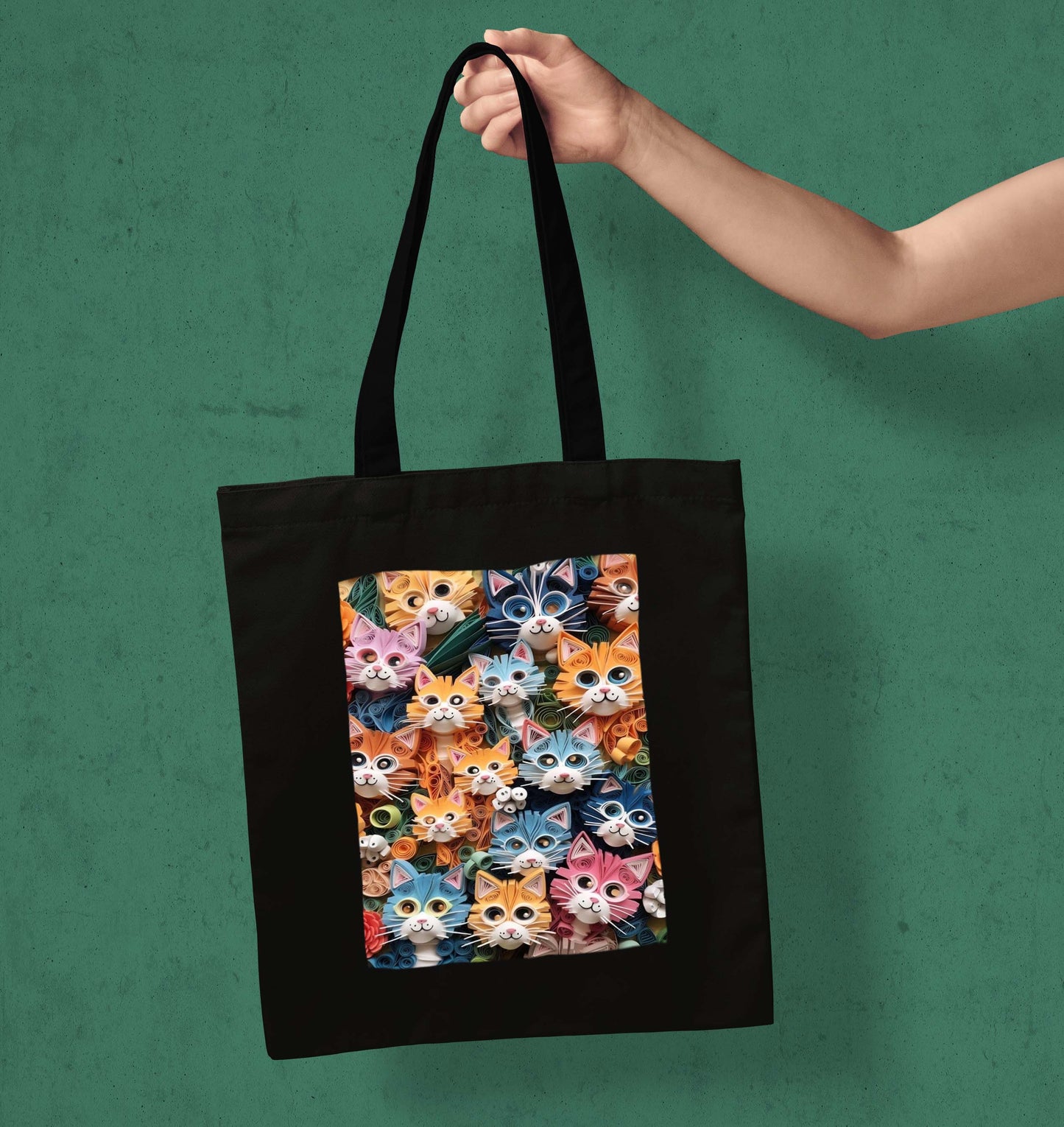 Cats Design Printed Black With Pocket Tote Bag (14 X 16 Inches) For Shopping, College, Travel