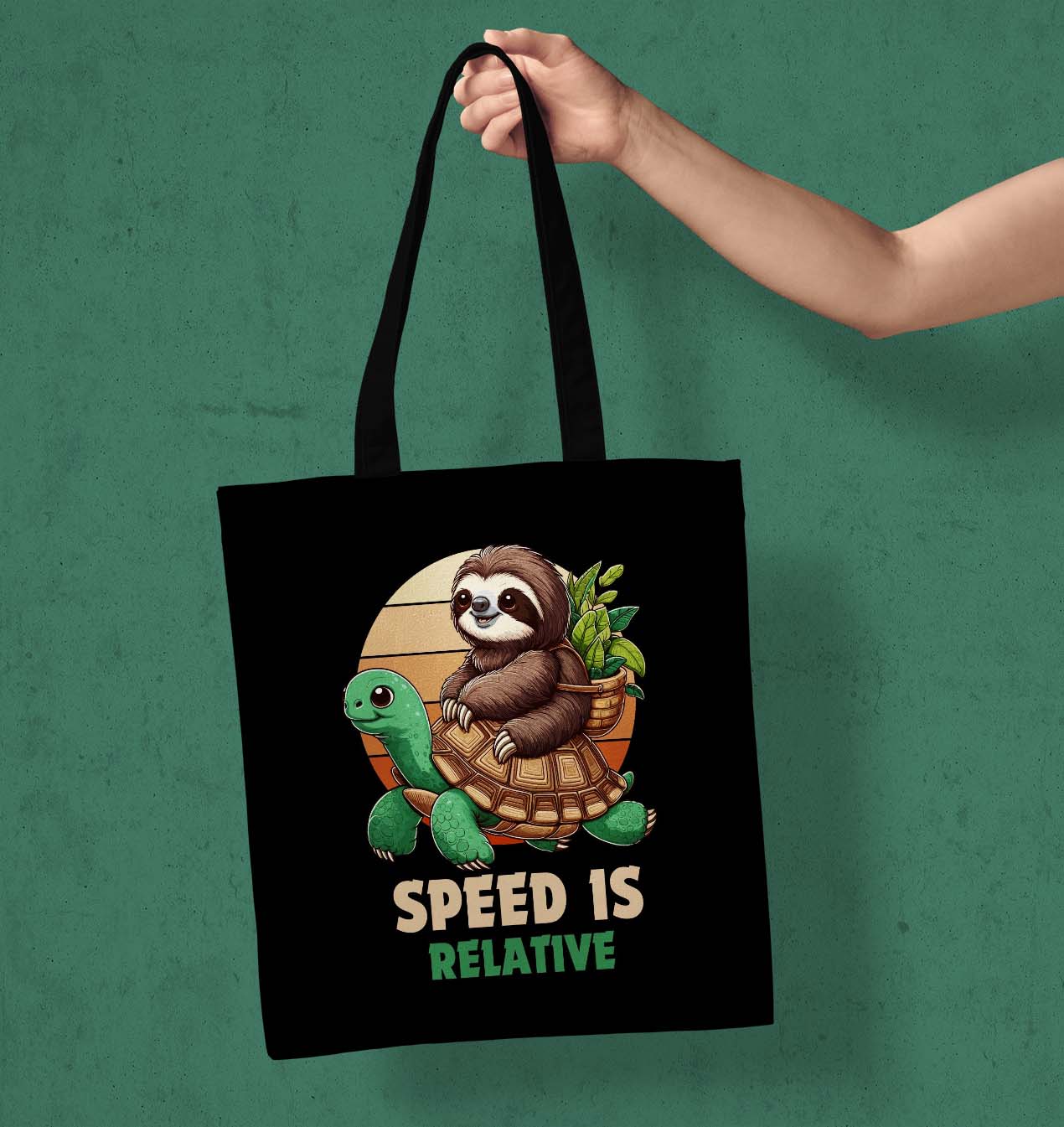 Speed Is Relative Printed Black Tote Bag (14 X 16 Inches) For Shopping, College, Travel