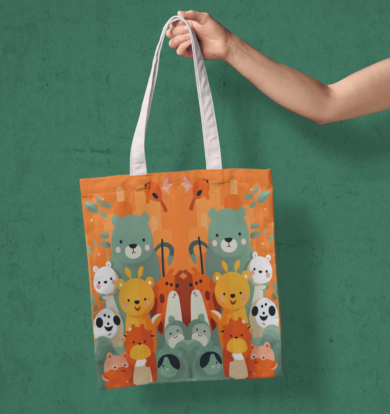 Colorful Cute Bears White Printed Tote Bag (14 X 16 Inches) For Shopping, College, Travel