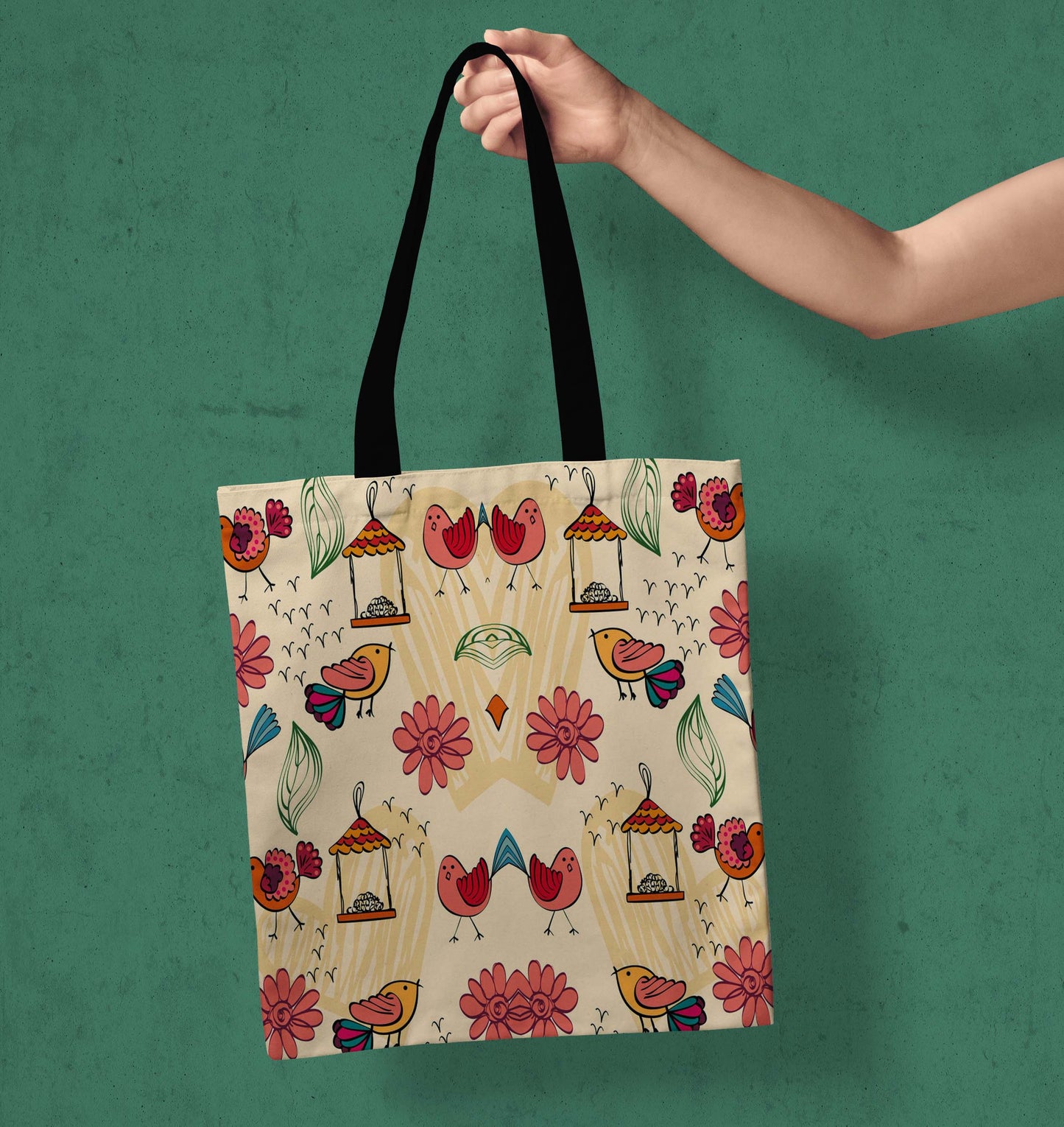 Birds And Flower Design Print Black Handle Tote Bag (14 X 16 Inches) For Shopping, College, Travel (Copy)