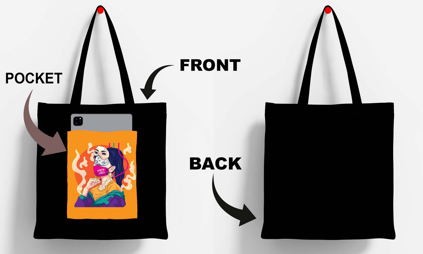 Facemask Girl Design Printed Black Patch With Pocket Tote Bag (14 X 16 Inches) For Shopping, College, Travel