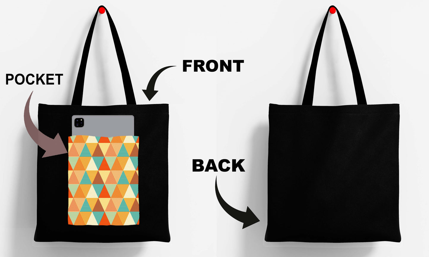 Abstract Triangle Design Printed Black With Pocket Tote Bag (14 X 16 Inches) For Shopping, College, Travel
