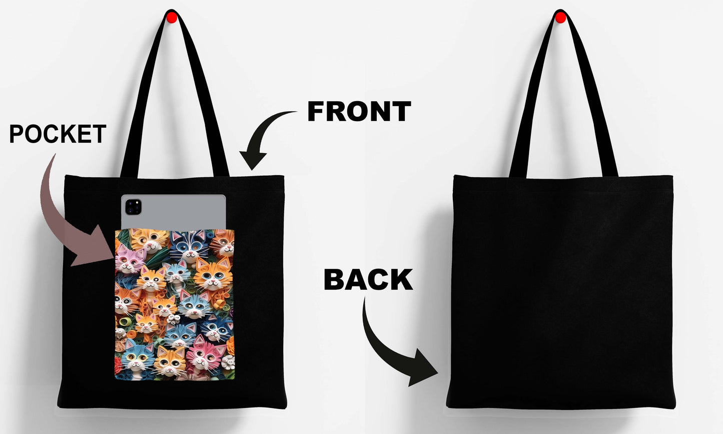 Cats Design Printed Black With Pocket Tote Bag (14 X 16 Inches) For Shopping, College, Travel