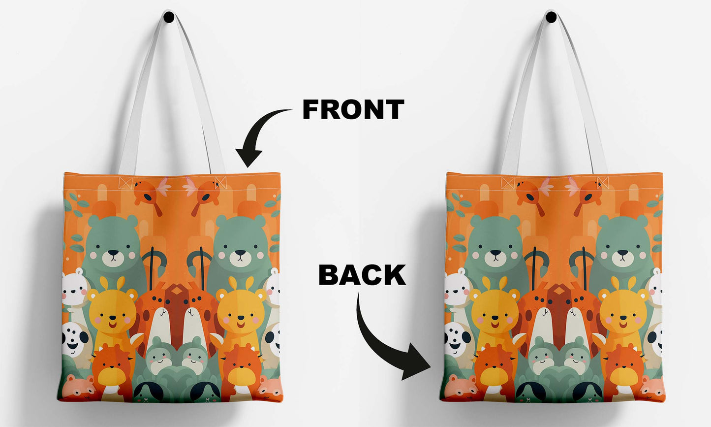 Colorful Cute Bears White Printed Tote Bag (14 X 16 Inches) For Shopping, College, Travel