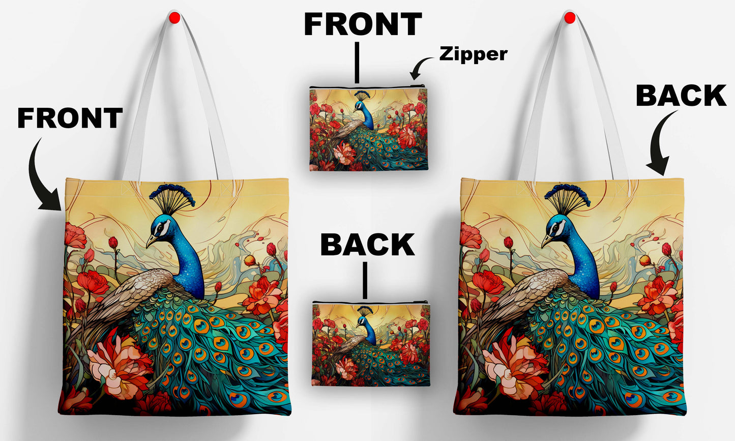Peacock Printed Design Tote Bag with Pouch Bag (14 X 16 Inches) For Shopping, College, Travel