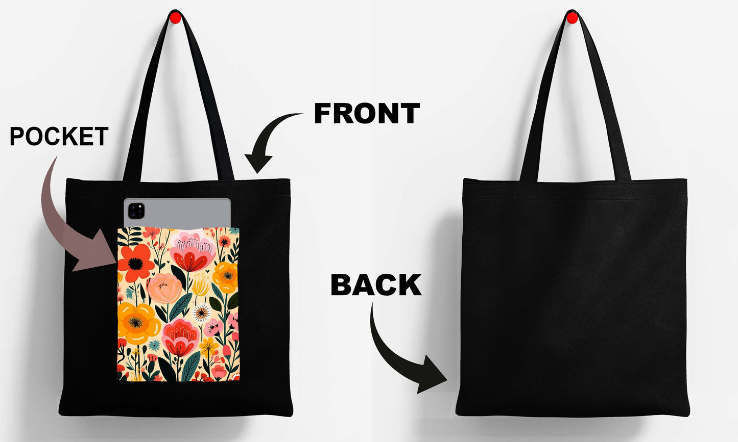 Flower Design Printed Black Patch With Pocket Tote Bag (14 X 16 Inches) For Shopping, College, Travel