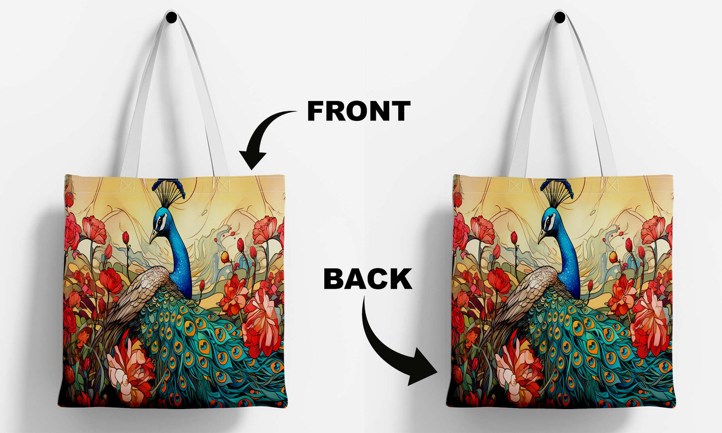 Peacock White Printed Tote Bag (14 X 16 Inches) For Shopping, College, Travel