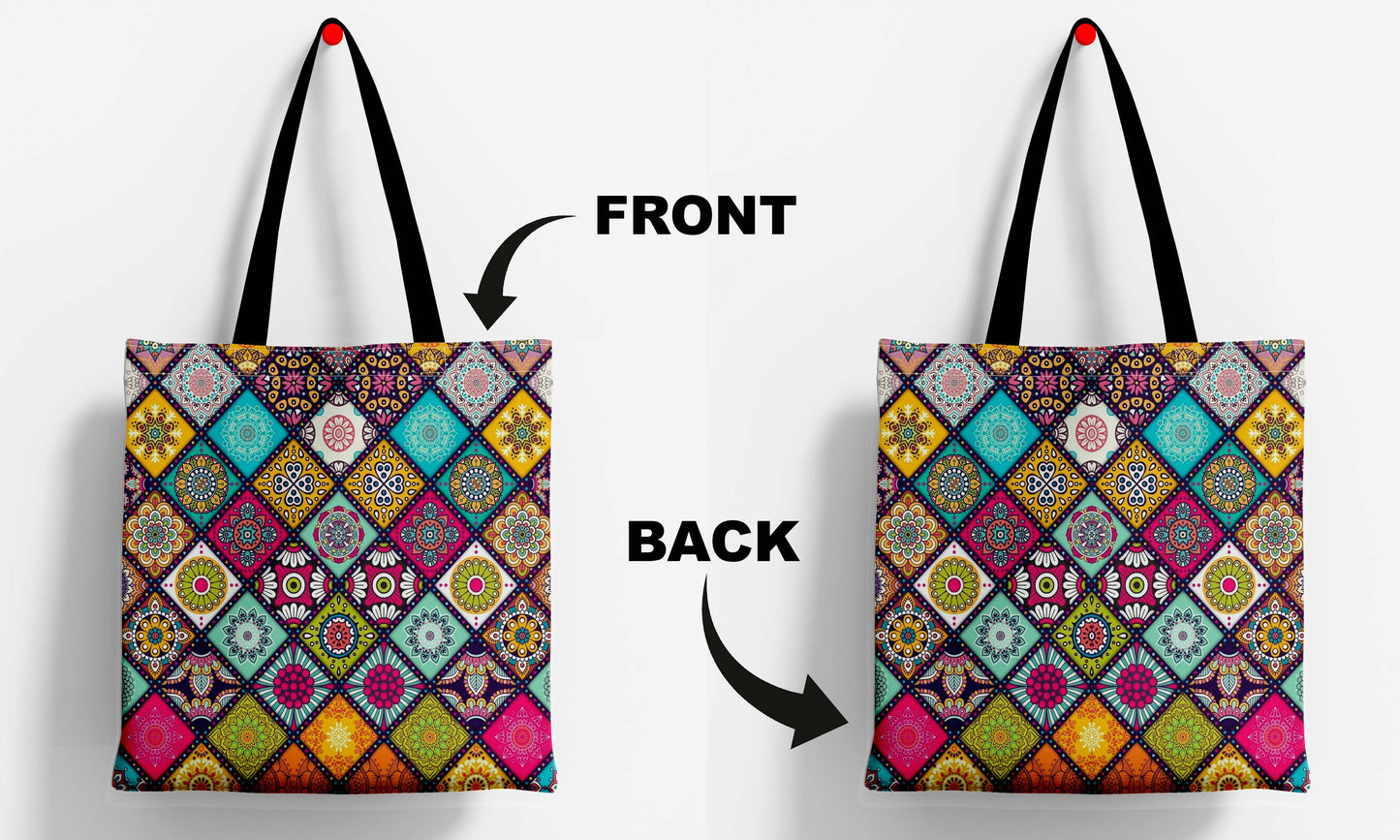 Mandala Design Printed Black Handle Tote Bag (14 X 16 Inches) For Shopping, College, Travel