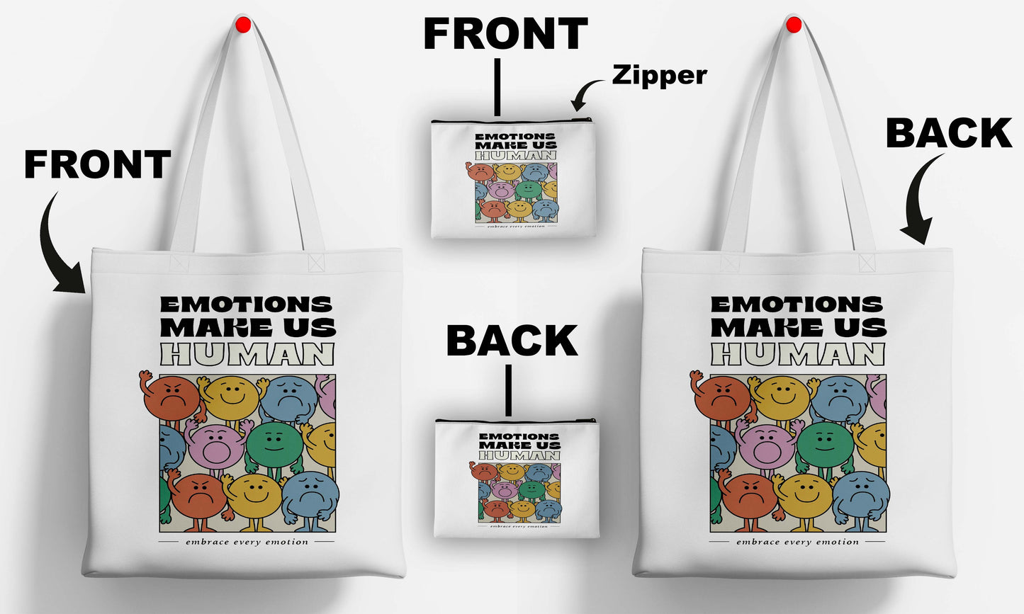 Emotions Makes Human Printed Design Tote Bag with Pouch Bag (14 X 16 Inches) For Shopping, College, Travel