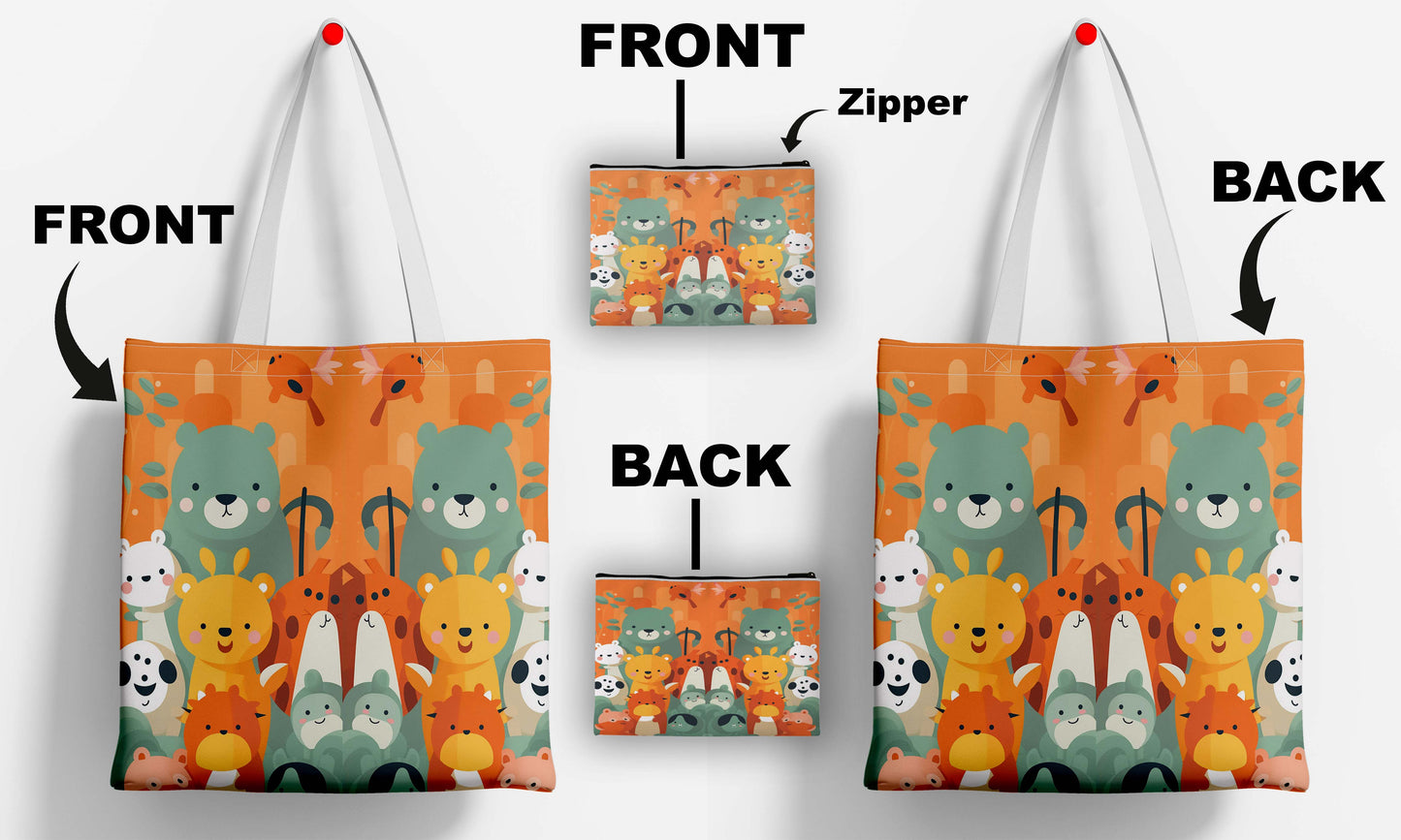 Cute Bear Printed Design Tote Bag with Pouch Bag (14 X 16 Inches) For Shopping, College, Travel