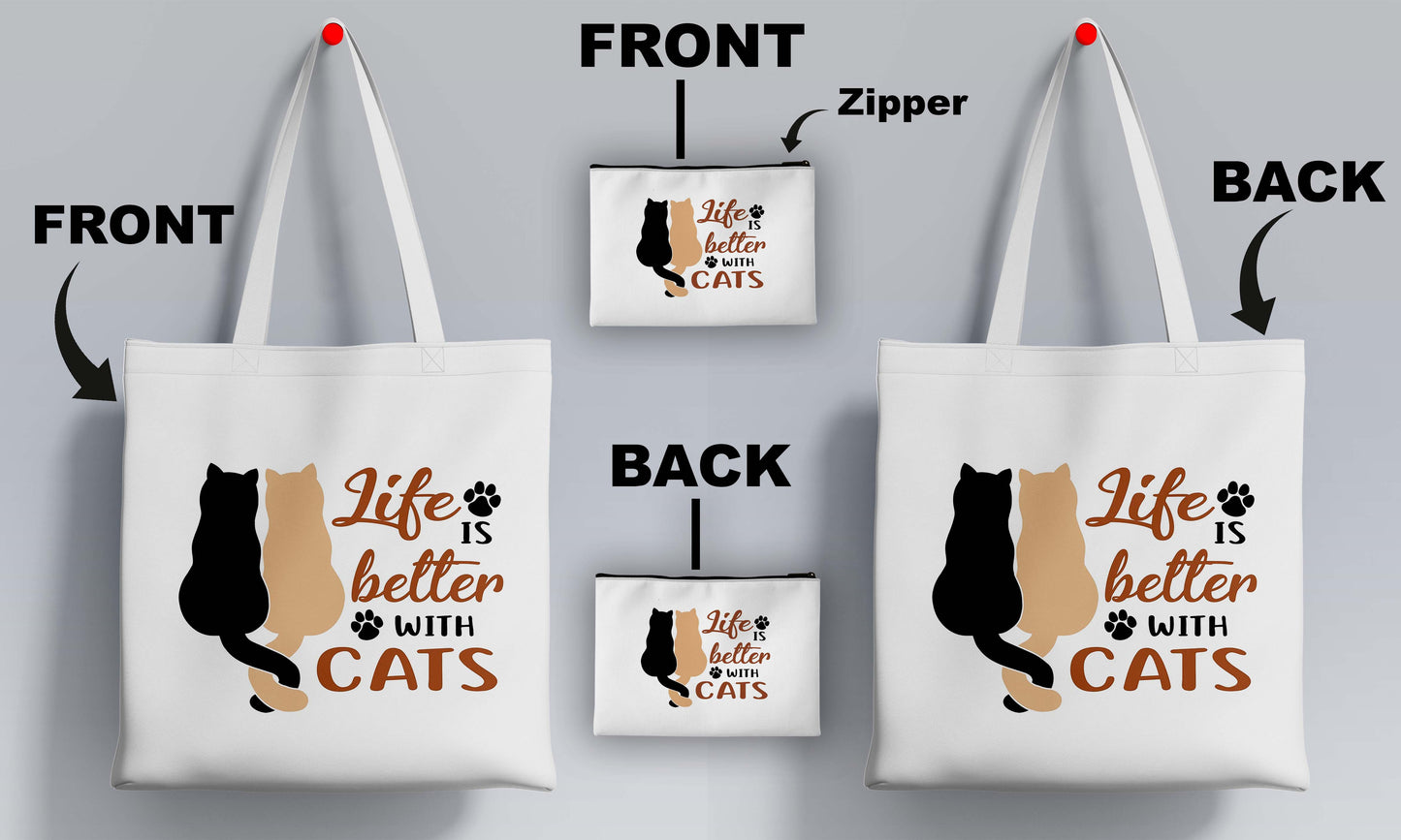 Life IS better with cats Printed Design Tote Bag with Pouch Bag (14 X 16 Inches) For Shopping, College, Travel