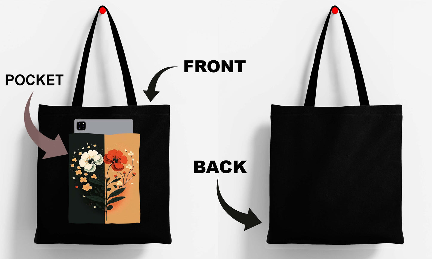 Flower Art 2 Design Printed Black With Pocket Tote Bag (14 X 16 Inches) For Shopping, College, Travel