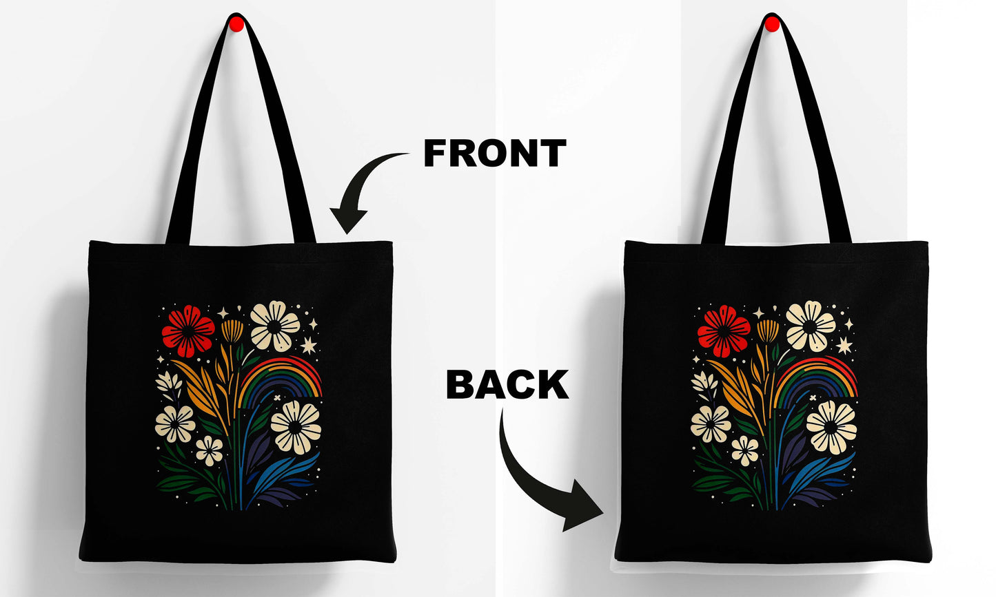 Colourful Flower Printed Black Tote Bag (14 X 16 Inches) For Shopping, College, Travel