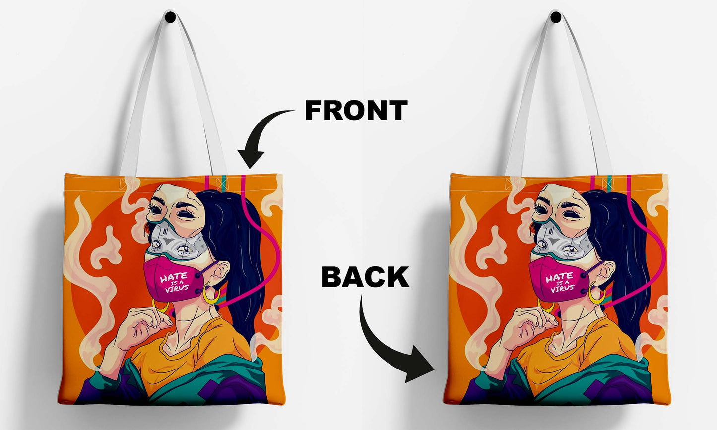 Facemask Girl White Printed Tote Bag (14 X 16 Inches) For Shopping, College, Travel