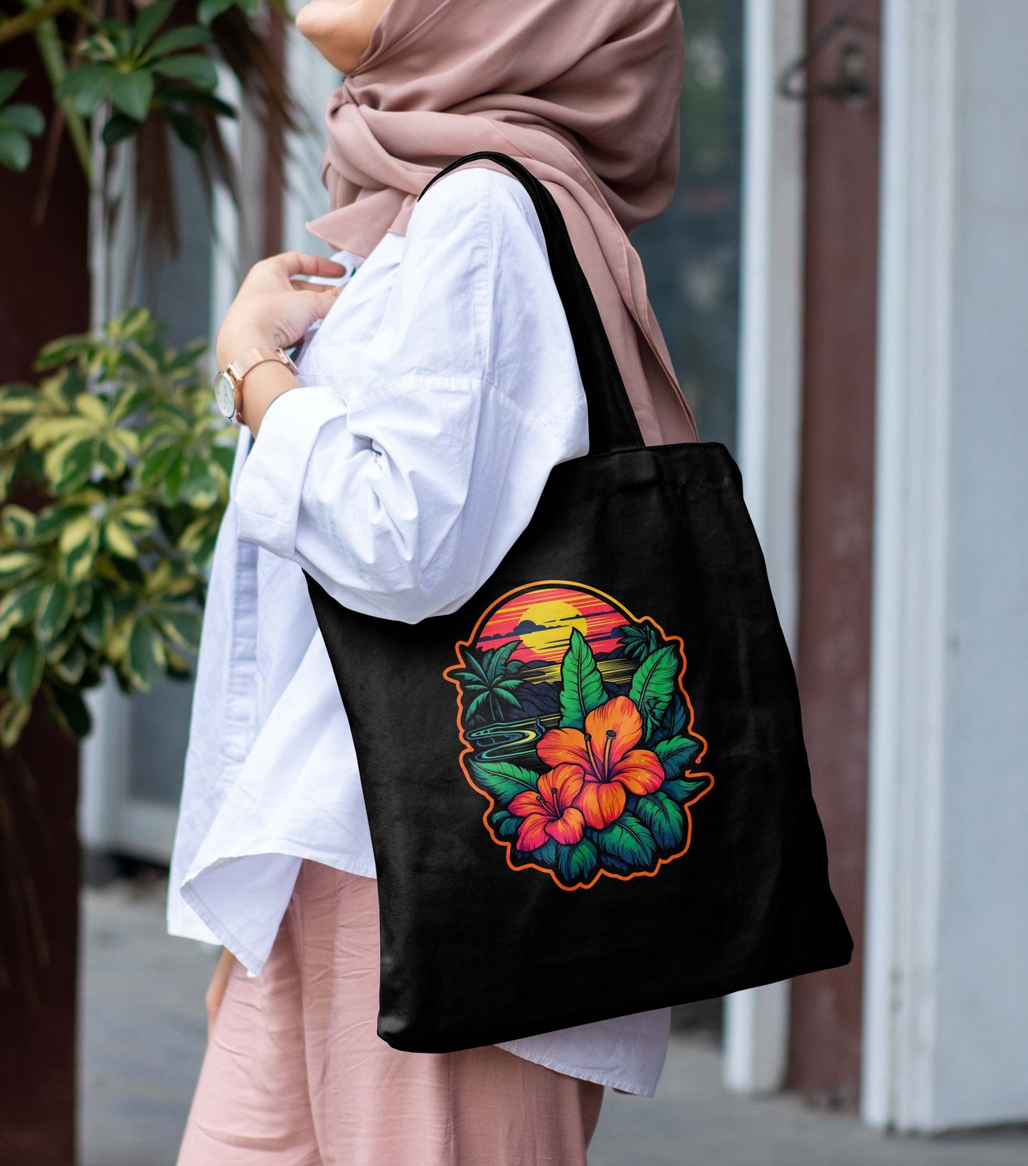Beautiful Sunset Printed Black Tote Bag (14 X 16 Inches) For Shopping, College, Travel