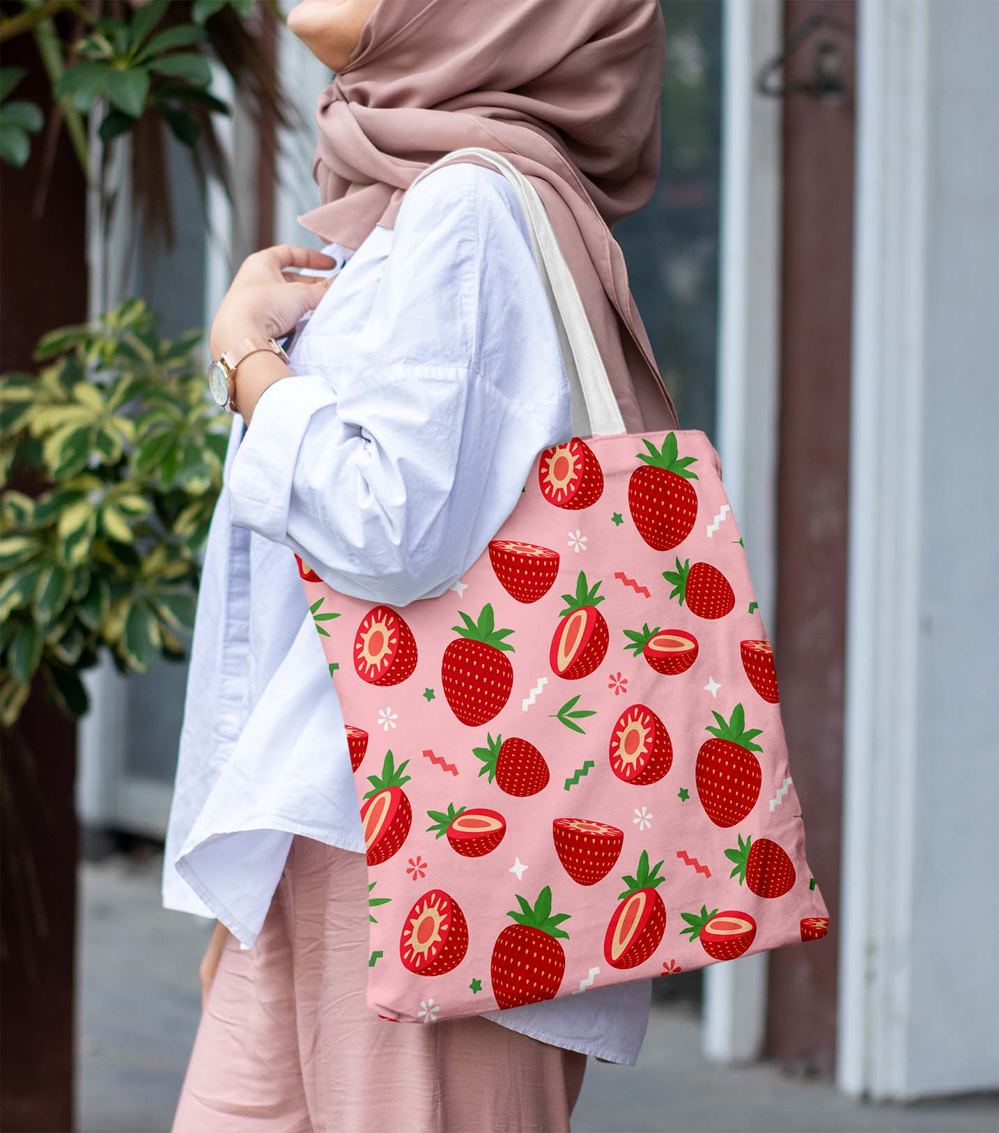 Strawberry White Printed Tote Bag (14 X 16 Inches) For Shopping, College, Travel