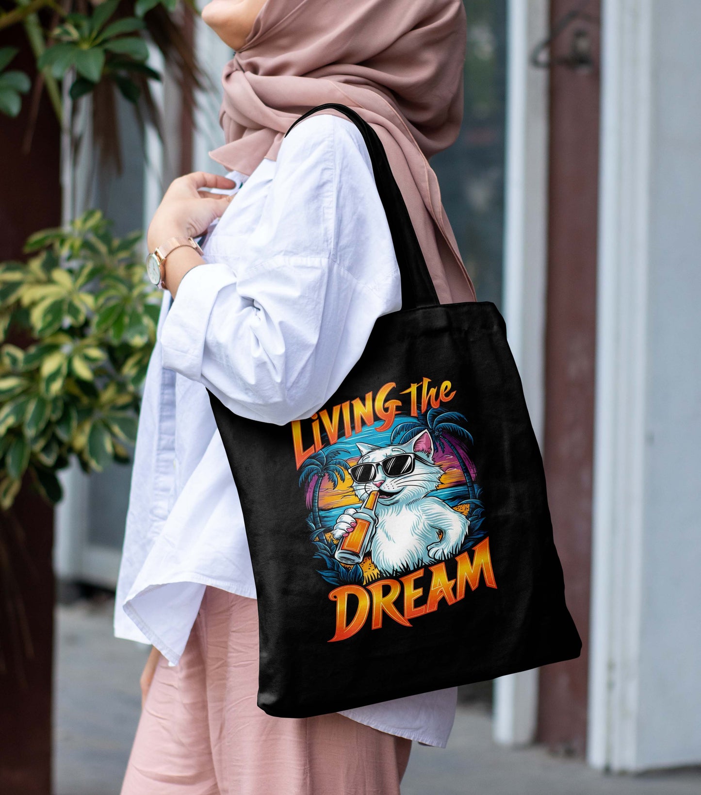 Living The Dreams Printed Black Tote Bag (14 X 16 Inches) For Shopping, College, Travel