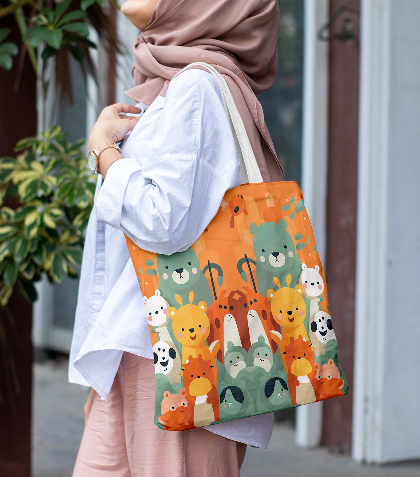 Colorful Cute Bears White Printed Tote Bag (14 X 16 Inches) For Shopping, College, Travel