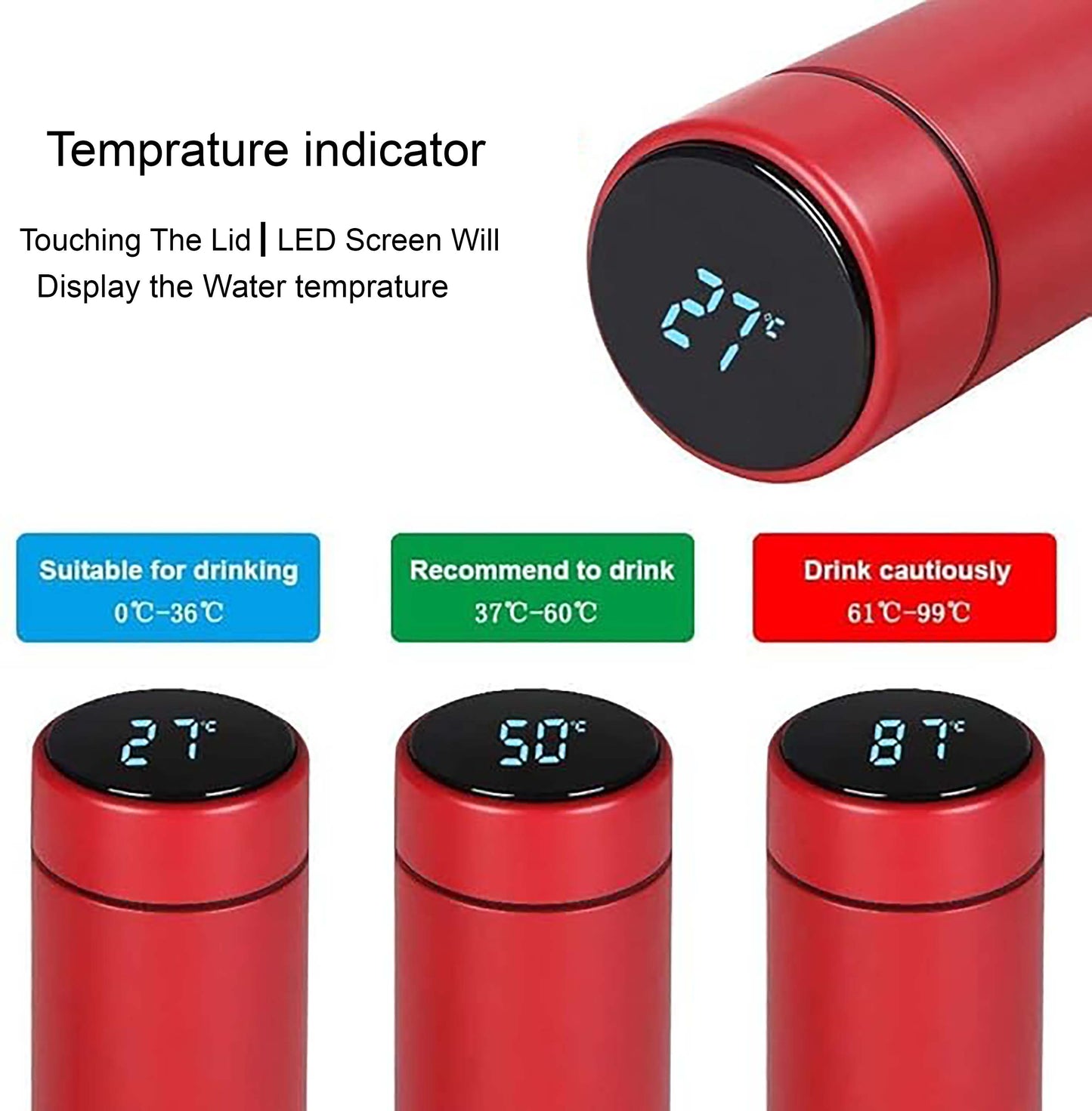 Customized Your Name Red Temperature Bottle 500ml With Smart Led light