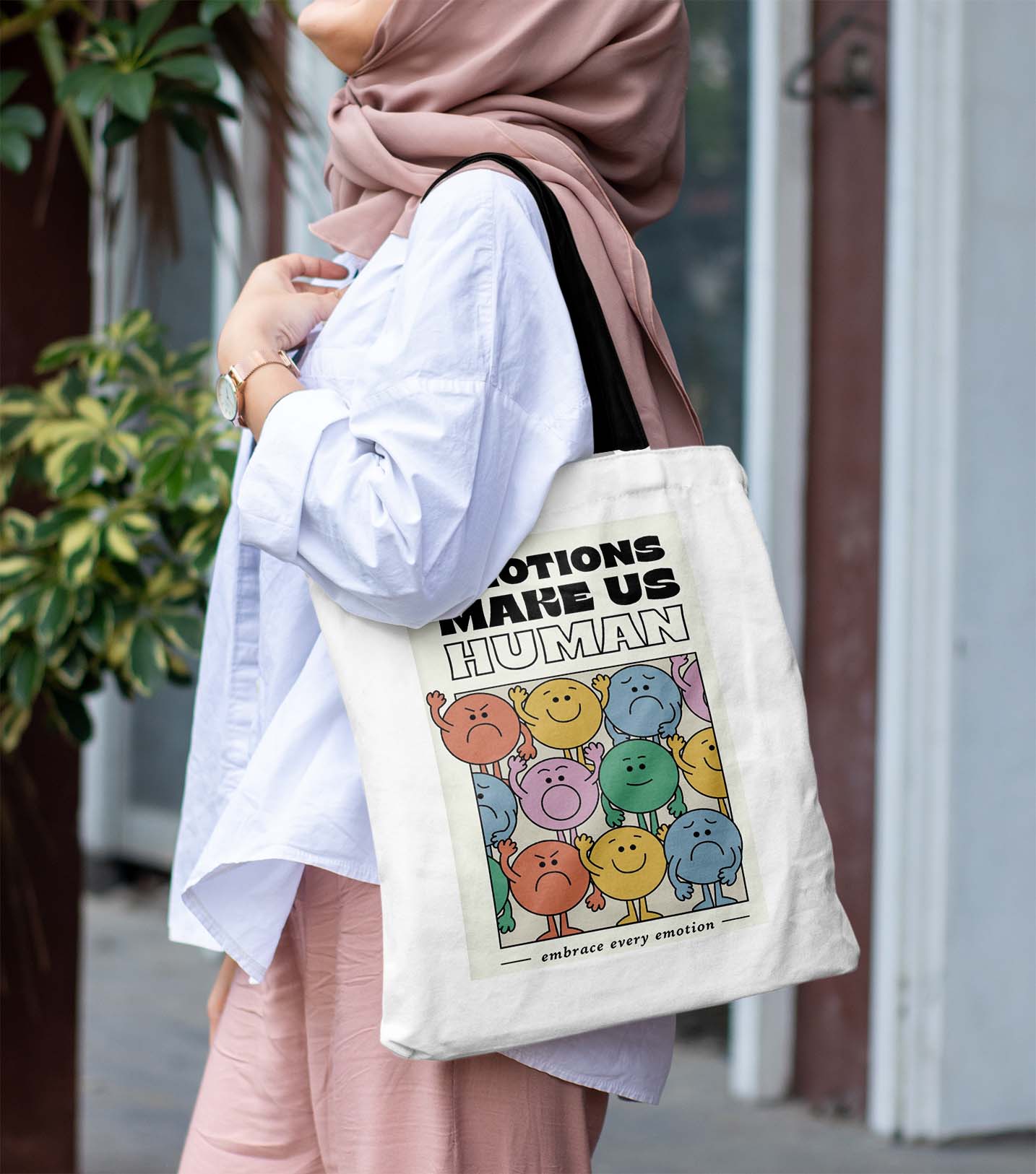 Emotion makes us Human Printed Black Handle Tote Bag (14 X 16 Inches) For Shopping, College, Travel