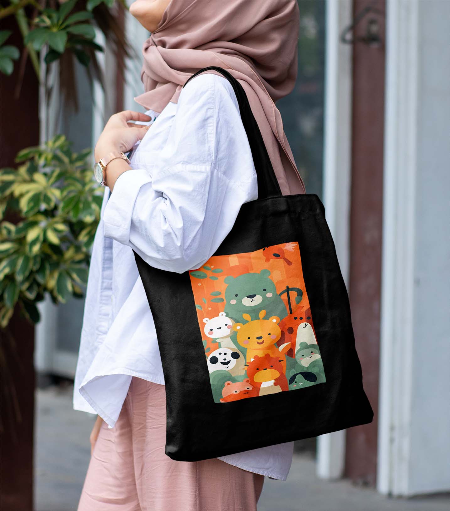Cute Bear Design Printed Black Patch With Pocket Tote Bag (14 X 16 Inches) For Shopping, College, Travel