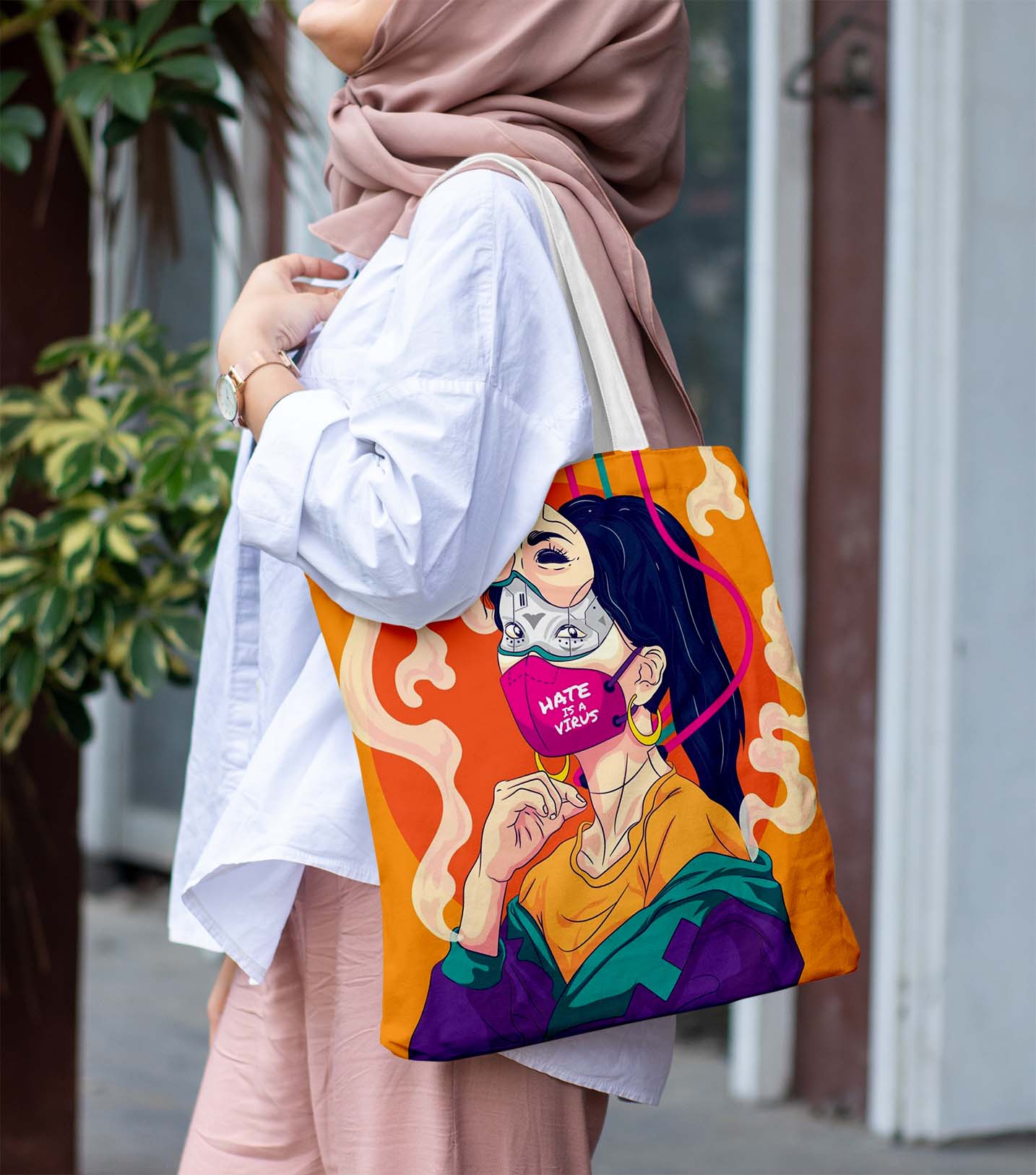 Facemask Girl White Printed Tote Bag (14 X 16 Inches) For Shopping, College, Travel