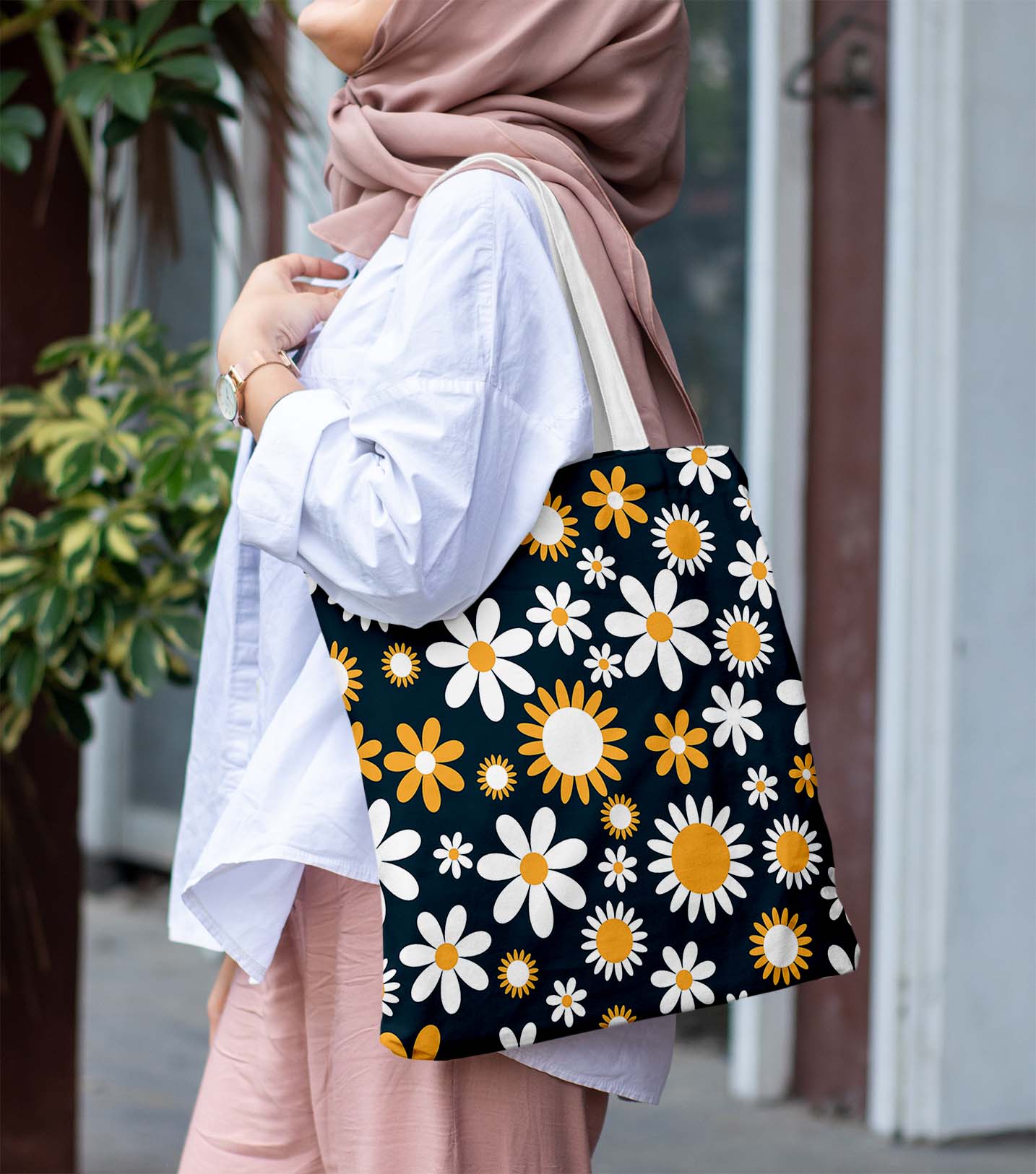 Sunflower Flower White Printed Tote Bag (14 X 16 Inches) For Shopping, College, Travel